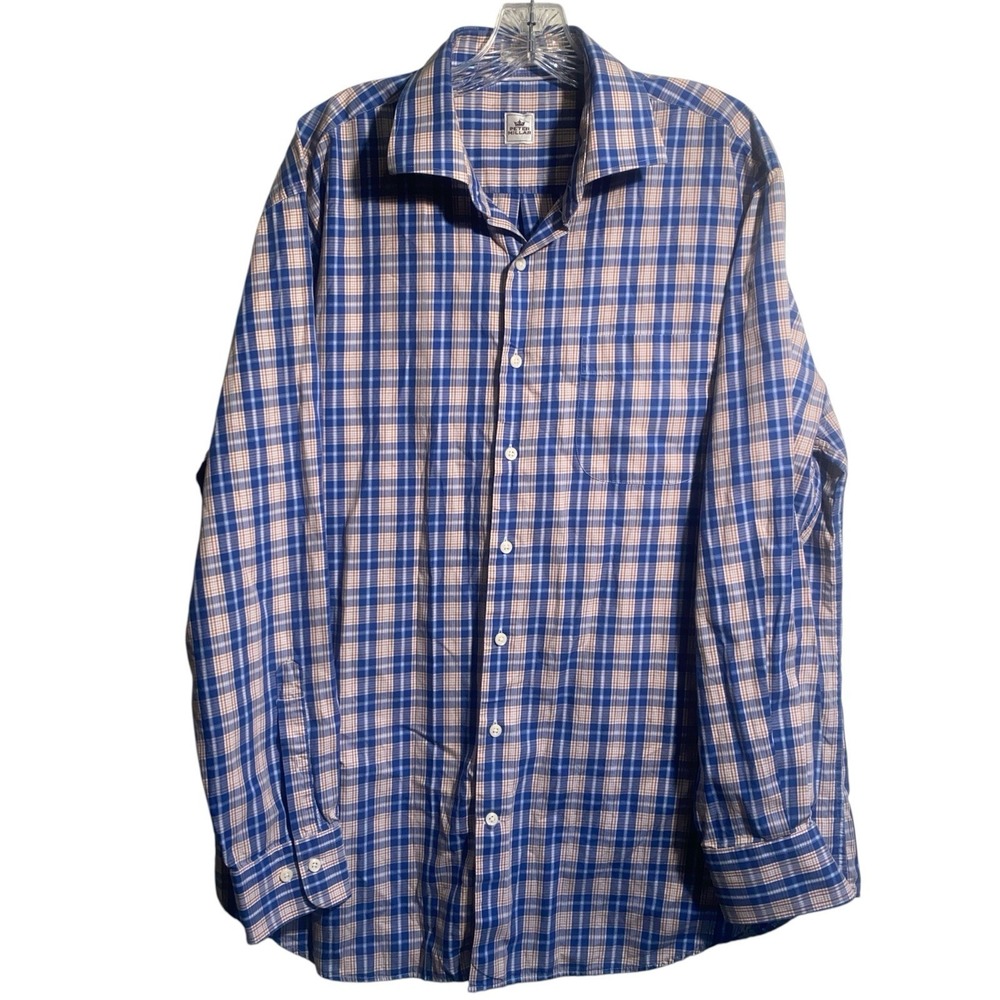 Peter Millar Shirt XL Blue Tan White Plaid Long Sleeve Button Up Cotton Casual